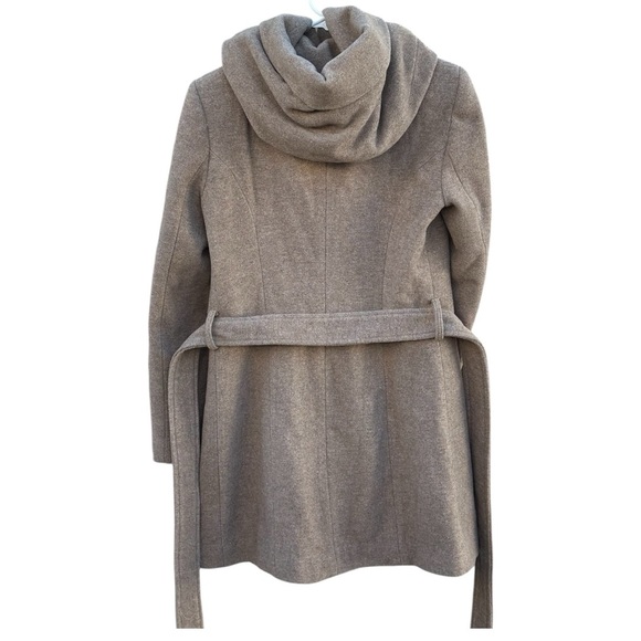 ZARA Basic 80% Wool Hooded Wrap Coat S Taupe Double-Breasted Belted - Picture 4 of 7